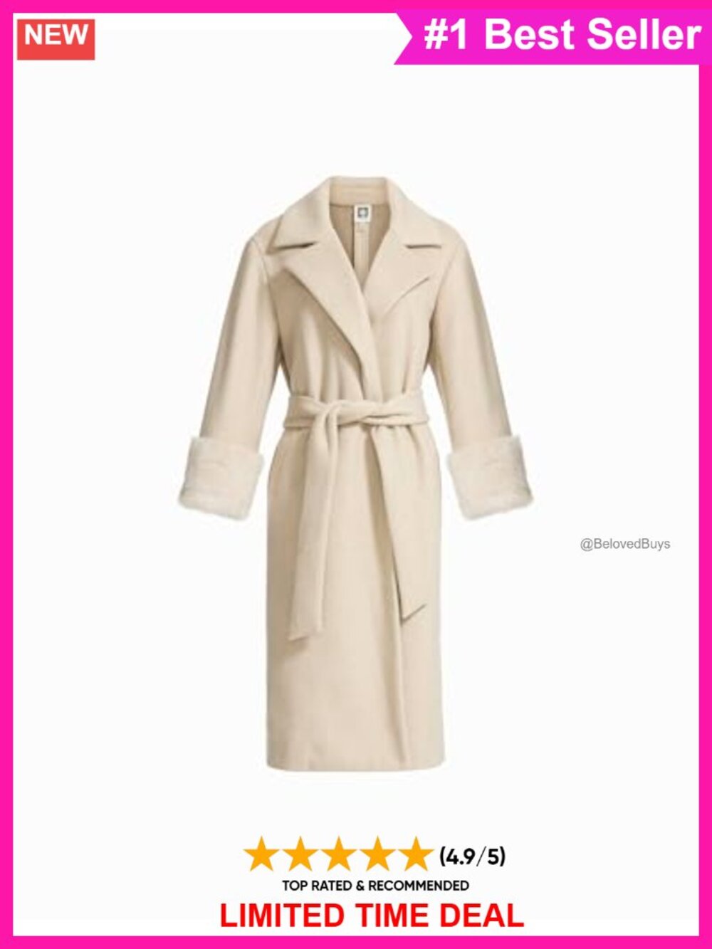 Brushed Felt Cocoon Wrap Coat Faux Fur Cuffs Notch Collar Long Sleeve